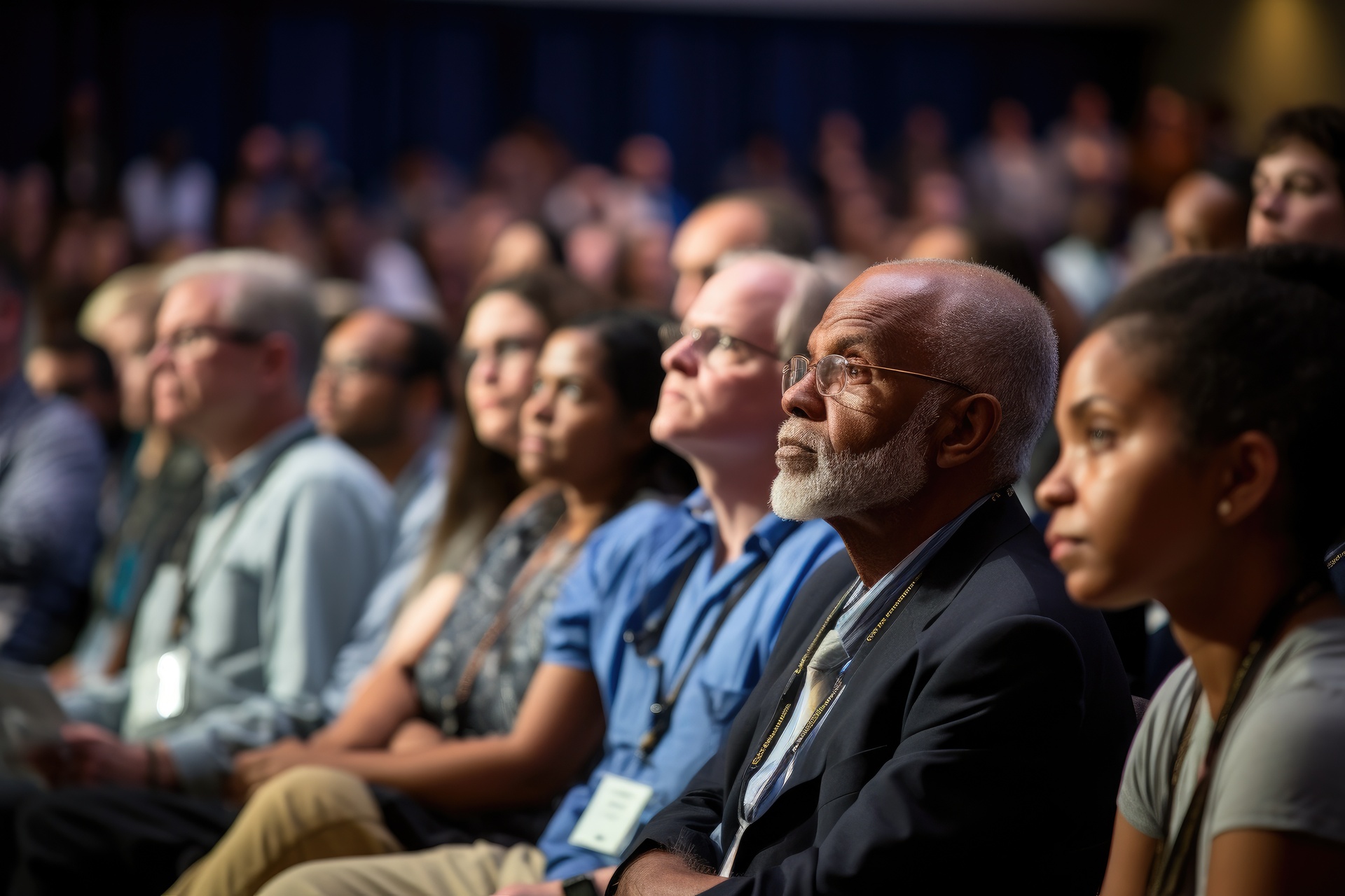 Speaker at Business Conference and Presentation. Audience in the conference hall, A diverse audience listening intently to a keynote address, AI Generated